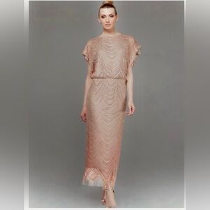 SLNY Dusty Rose with Gold Threading Crochet Maxi Dress with Fringe Hem Size 10